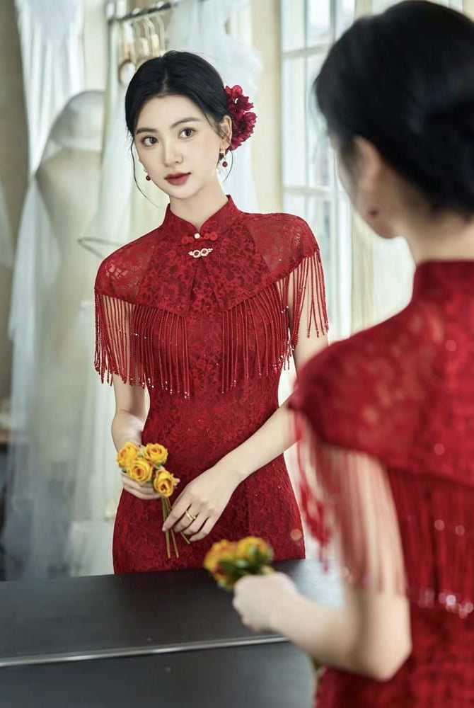 Beth and Brian Qipao-QXJ Floral pattern, wedding lace mid-length Cheongsam set