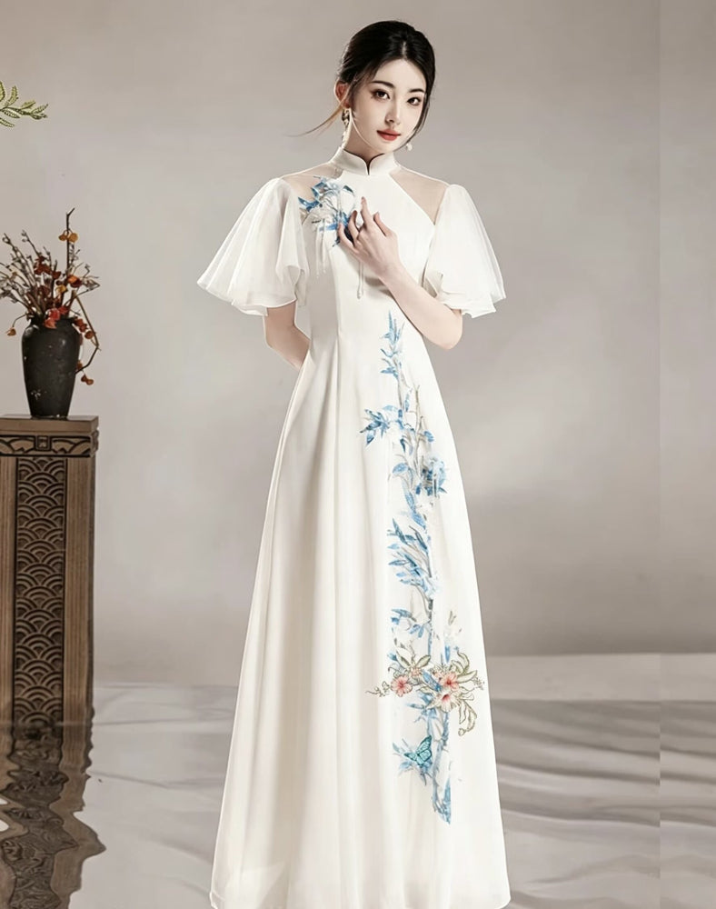 Beth and Brian Qipao-XDY Butterfly mesh fabric, floor length A-Line Cheongsam