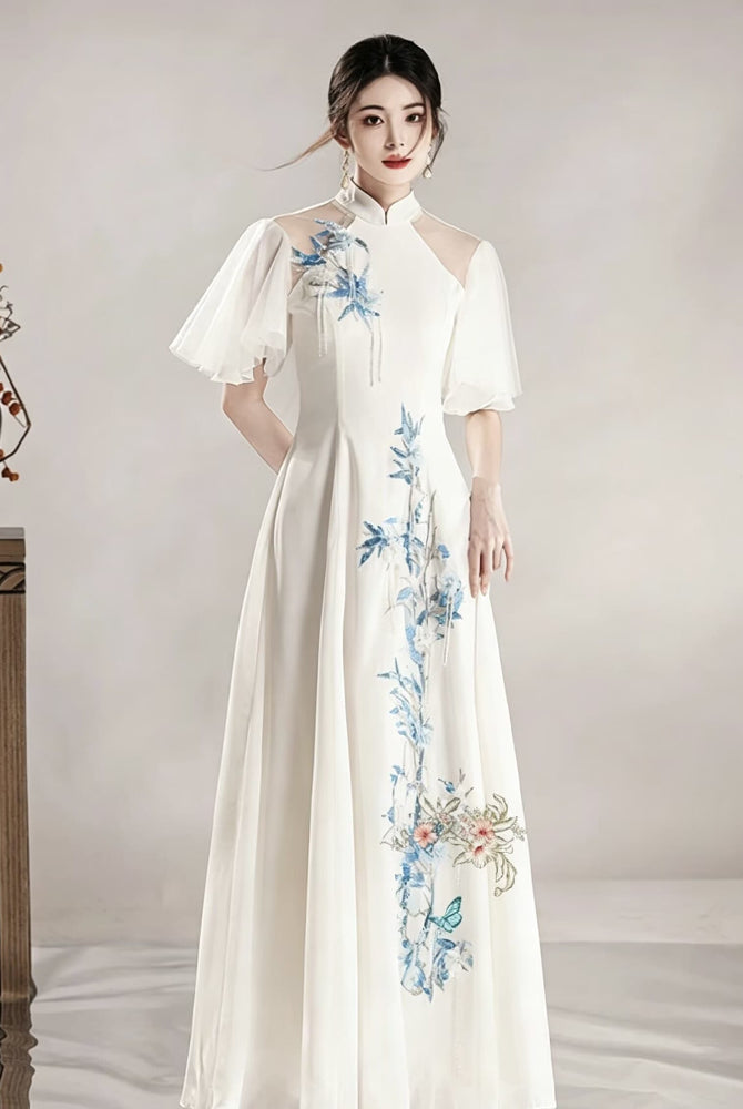 Beth and Brian Qipao-XDY Butterfly mesh fabric, floor length A-Line Cheongsam