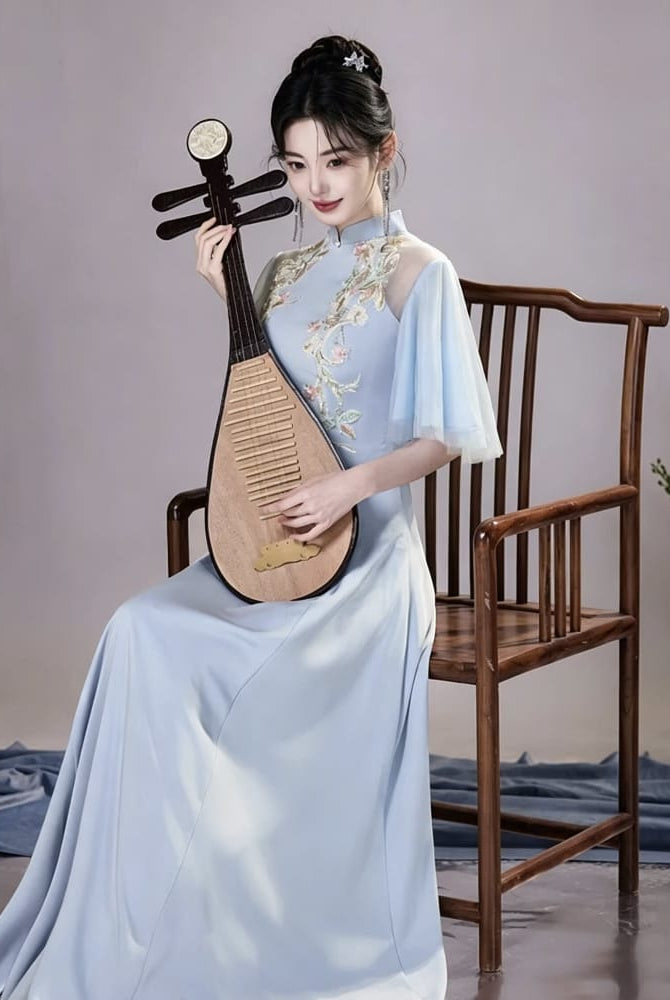 Beth and Brian Qipao-XDY Modern style, butterfly mesh fabric, A-Line long Cheongsam
