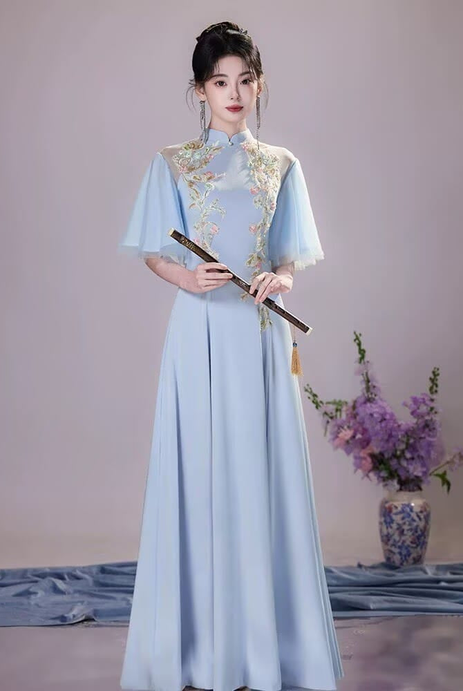 Beth and Brian Qipao-XDY Modern style, butterfly mesh fabric, A-Line long Cheongsam