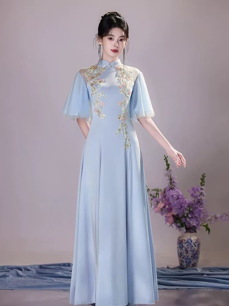 Beth and Brian Qipao-XDY Modern style, butterfly mesh fabric, A-Line long Cheongsam