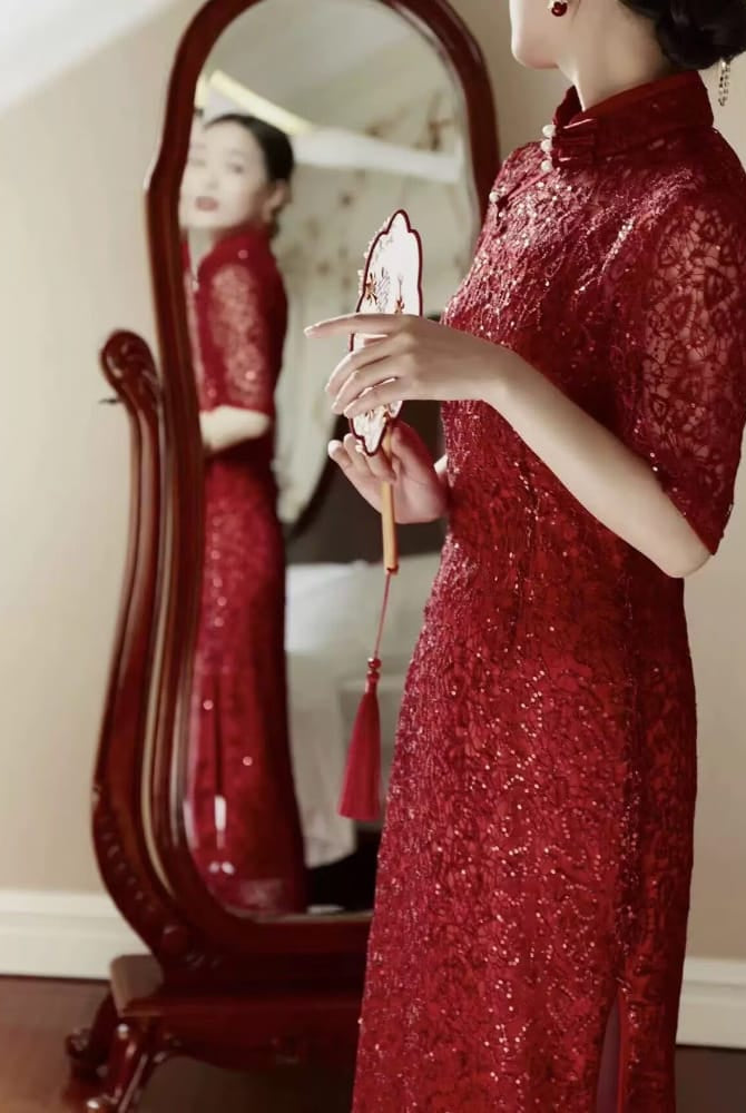 Beth and Brian Qipao-XL Spring collection, wedding long Qipao with elbow Sleeves