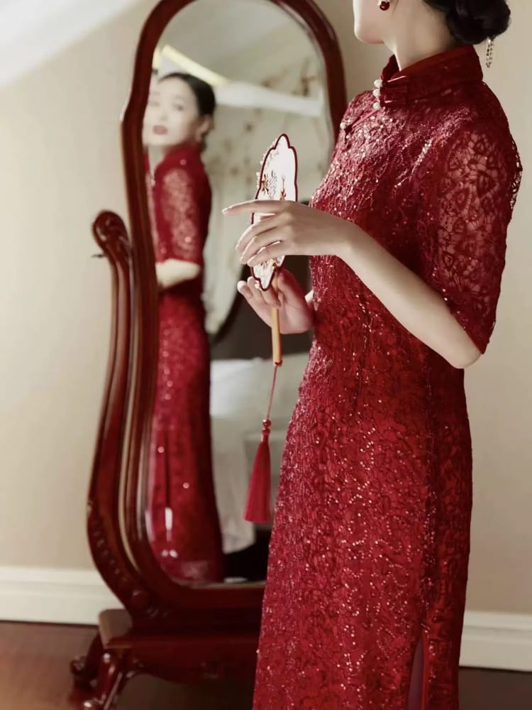 Beth and Brian Qipao-XL Spring collection, wedding long Qipao with elbow Sleeves