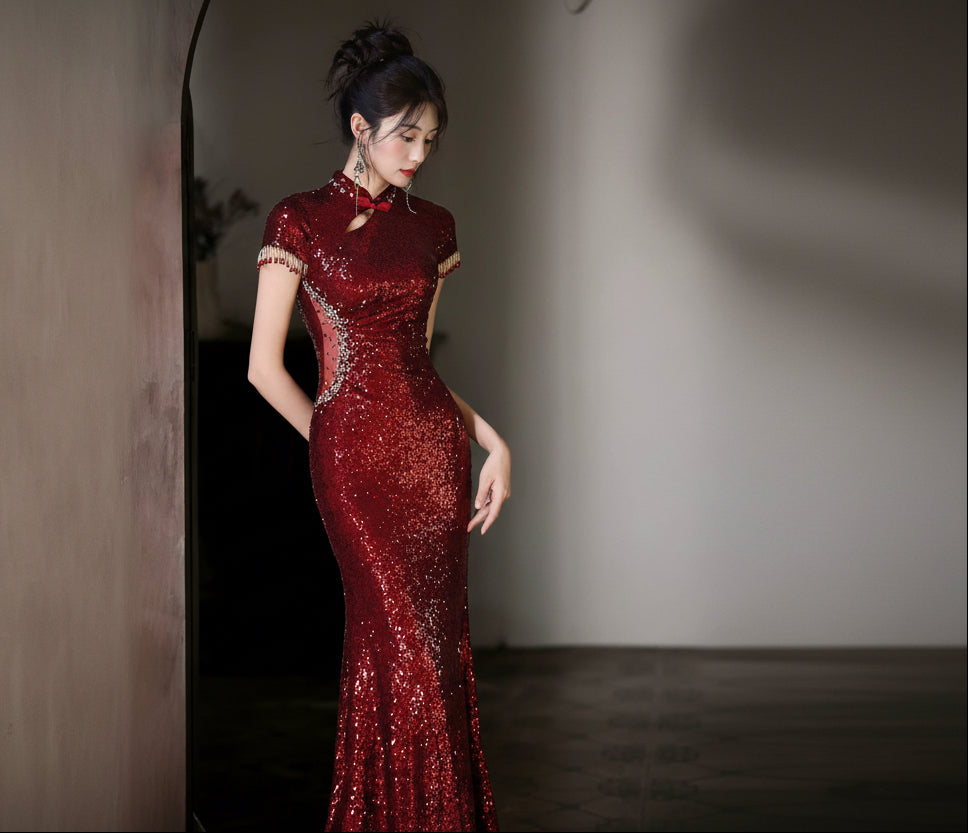 Beth and Brian Qipao-YY Sequins fabric, mermaid wine red long Cheongsam