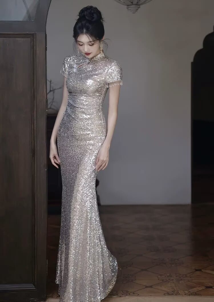 Beth and Brian Qipao-YY Sequins Fabric, Apricot Silver Long Cheongsam