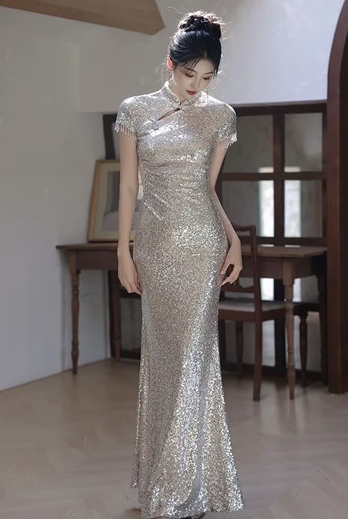 Beth and Brian Qipao-YY Sequins Fabric, Apricot Silver Long Cheongsam