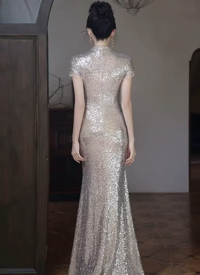 Beth and Brian Qipao-YY Sequins Fabric, Apricot Silver Long Cheongsam