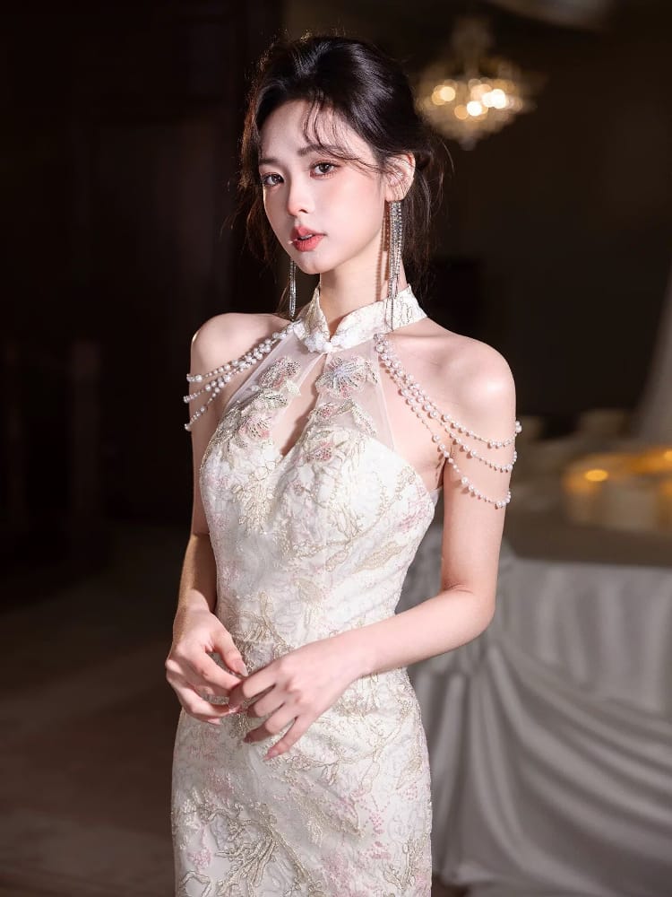 Beth and Brian Qipao-PY New Chinese style (新中式), pink halter mermaid Cheongsam
