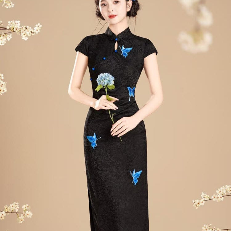 Beth and Brian Qipao-MYJ Butterfly print, beige&black midi Cheongsam