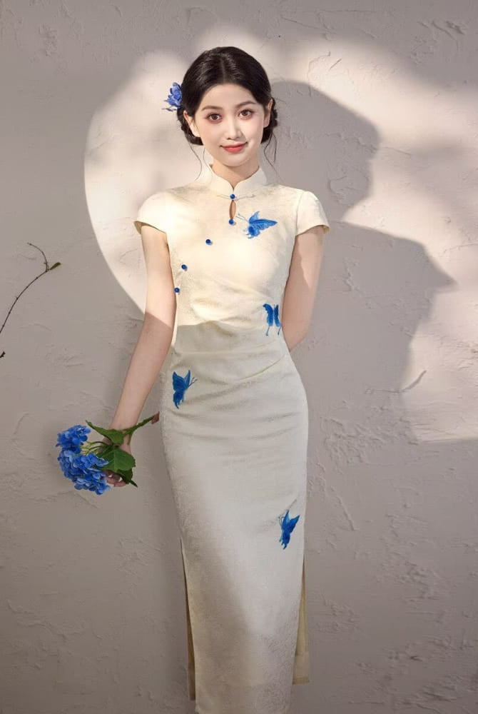 Beth and Brian Qipao-MYJ Butterfly print, beige&black midi Cheongsam