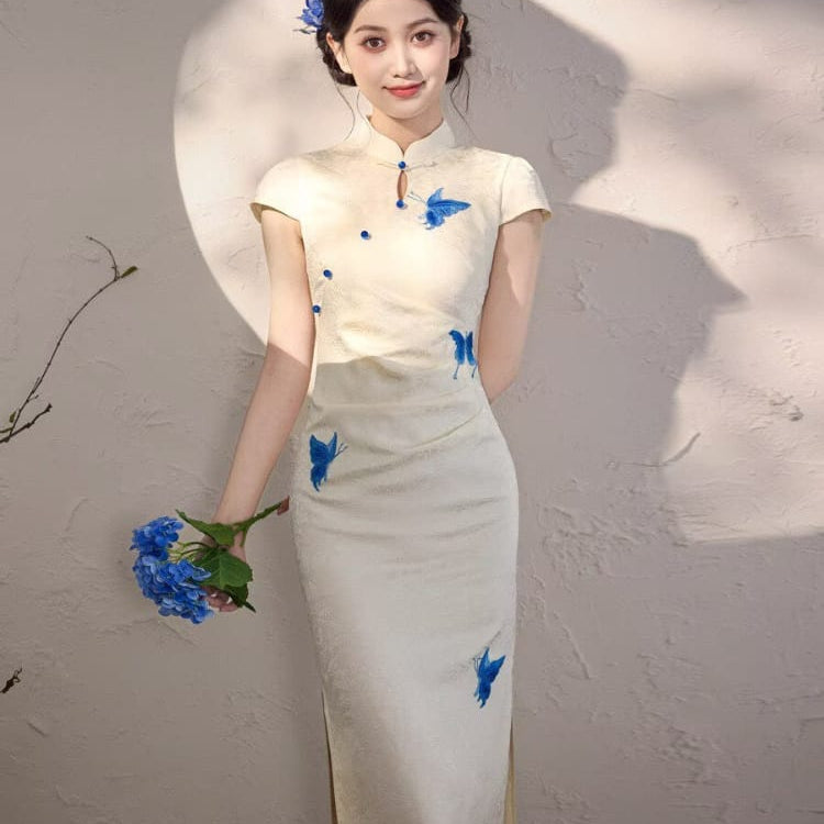 Beth and Brian Qipao-MYJ Butterfly print, beige&black midi Cheongsam