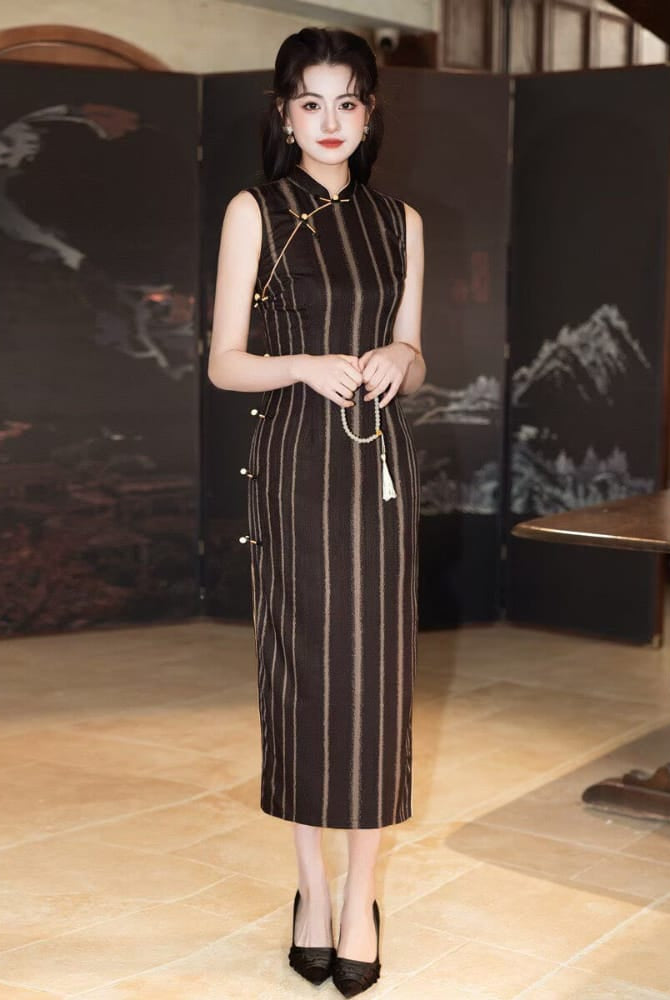 Beth and Brian Qipao-MYJ Old Shanghai style, stripe pattern, black and gold long Cheongsam