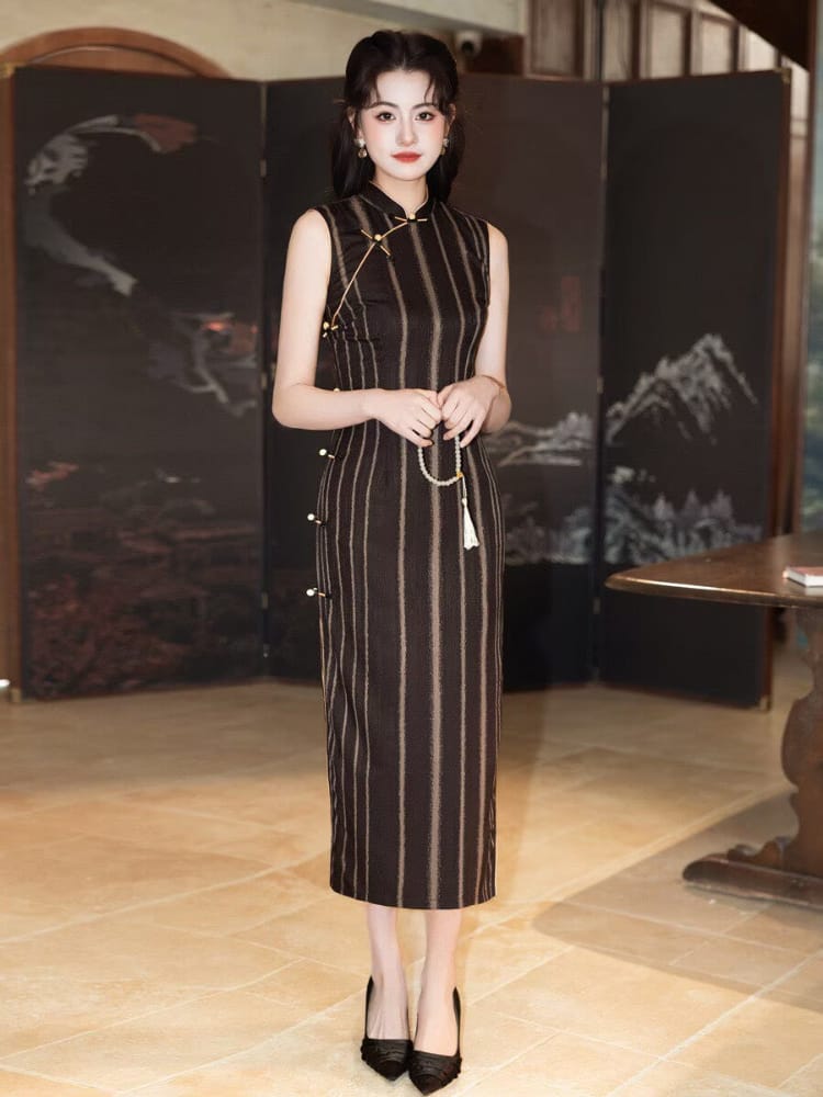 Beth and Brian Qipao-MYJ Old Shanghai style, stripe pattern, black and gold long Cheongsam