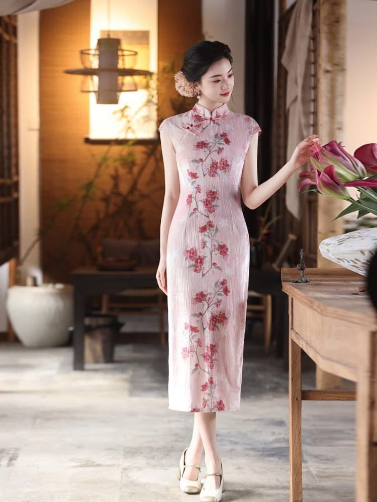 Beth and Brian Qipao-MYJ Peach Bloom pattern, pink midi Cheongsam