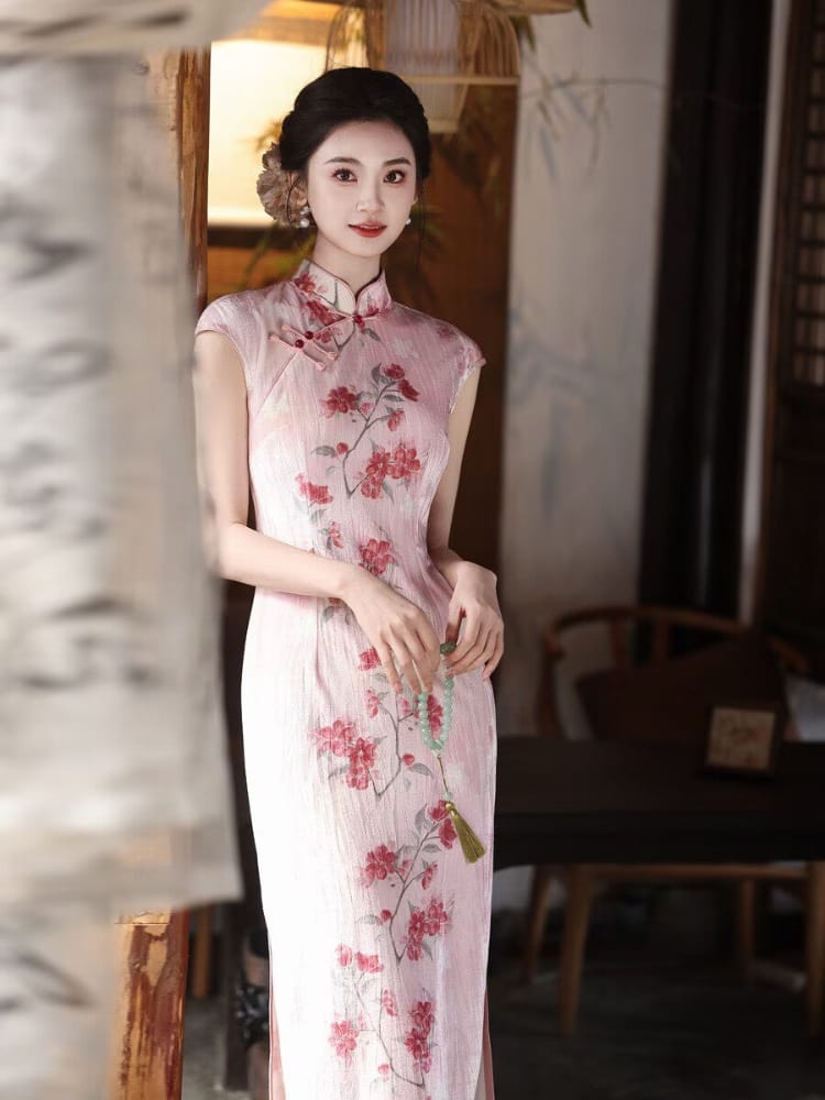 Beth and Brian Qipao-MYJ Peach Bloom pattern, pink midi Cheongsam