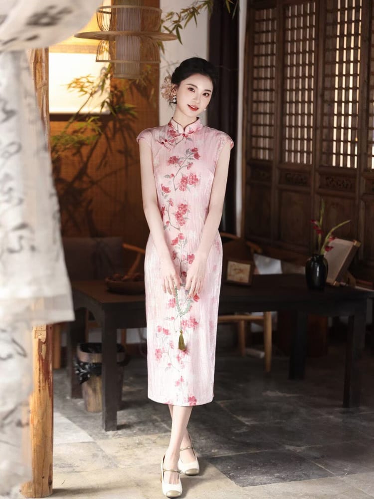 Beth and Brian Qipao-MYJ Peach Bloom pattern, pink midi Cheongsam