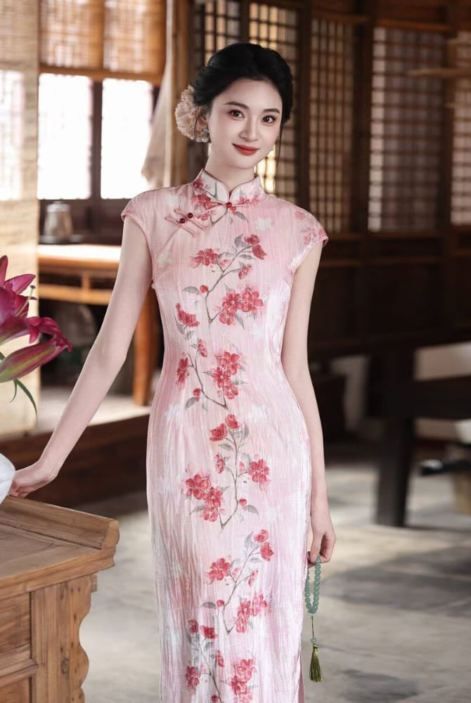 Beth and Brian Qipao-MYJ Peach Bloom pattern, pink midi Cheongsam