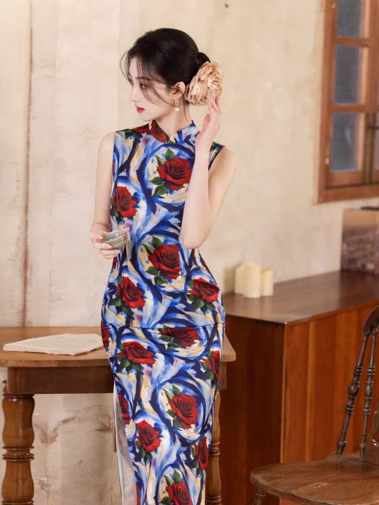 Beth and Brian Qipao-MYJ Sleeveless, Rose pattern, blue midi Cheongsam