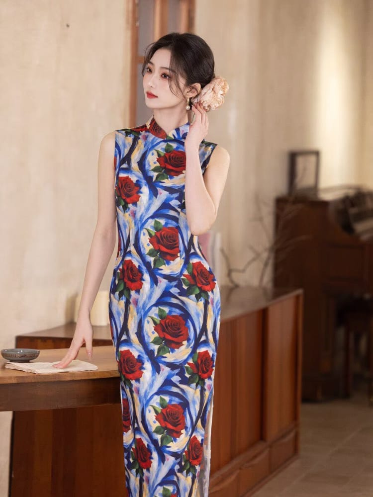 Beth and Brian Qipao-MYJ Sleeveless, Rose pattern, blue midi Cheongsam