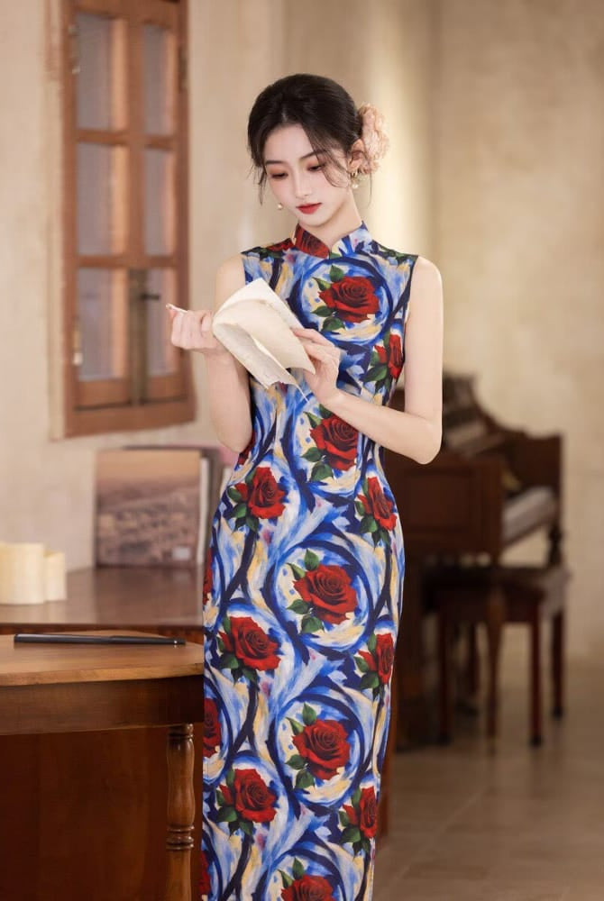 Beth and Brian Qipao-MYJ Sleeveless, Rose pattern, blue midi Cheongsam