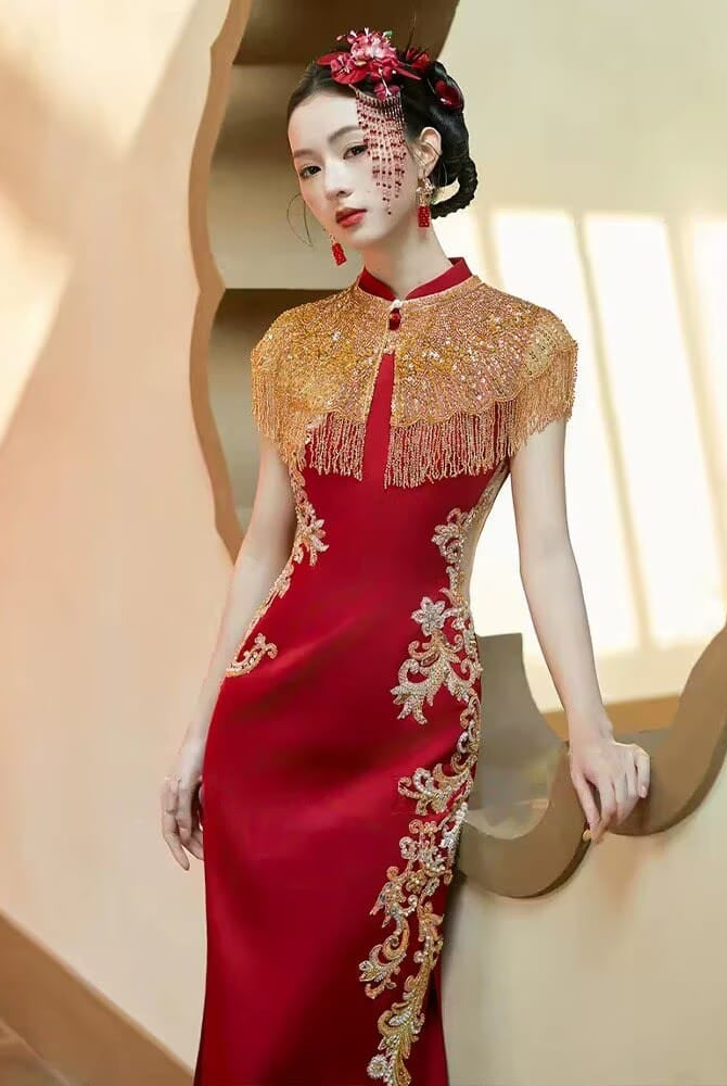 Beth and Brian Qipao-QX Heavy-duty Embroidered Tassel Engagement Cheongsam Set
