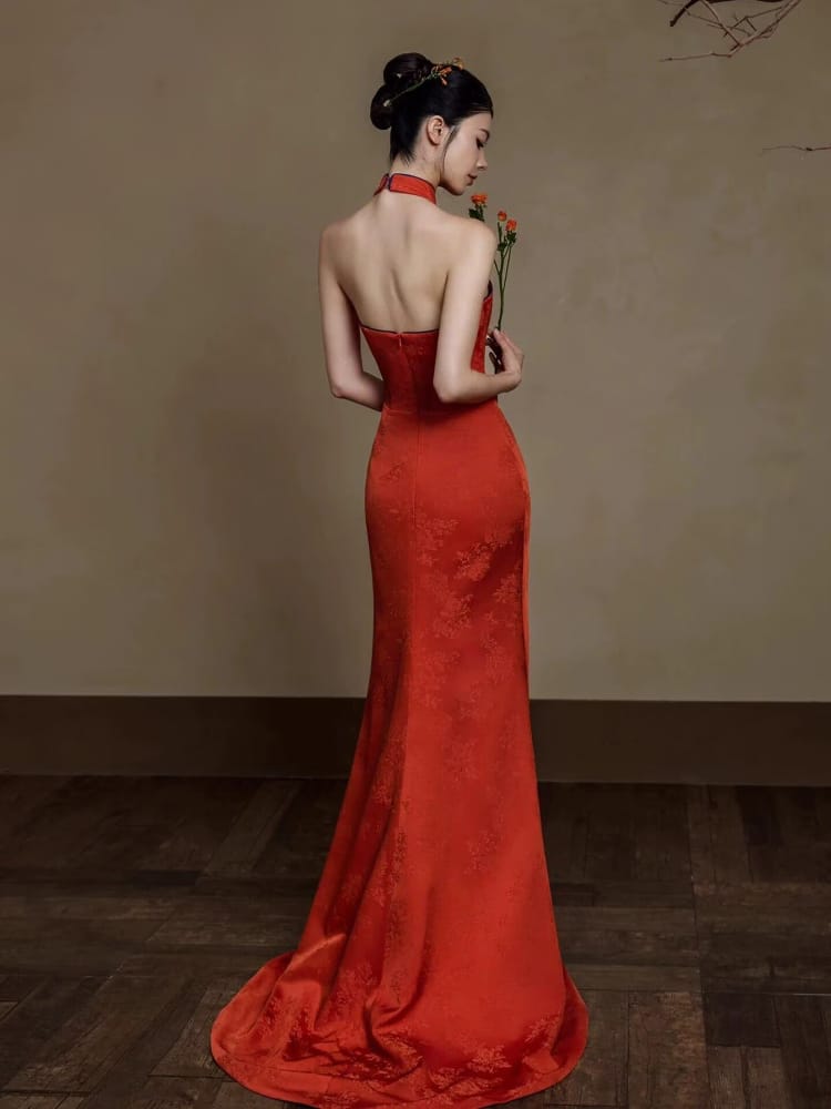 Beth and Brian Qipao-WNS Sleeveless, halter wedding fishtail Cheongsam