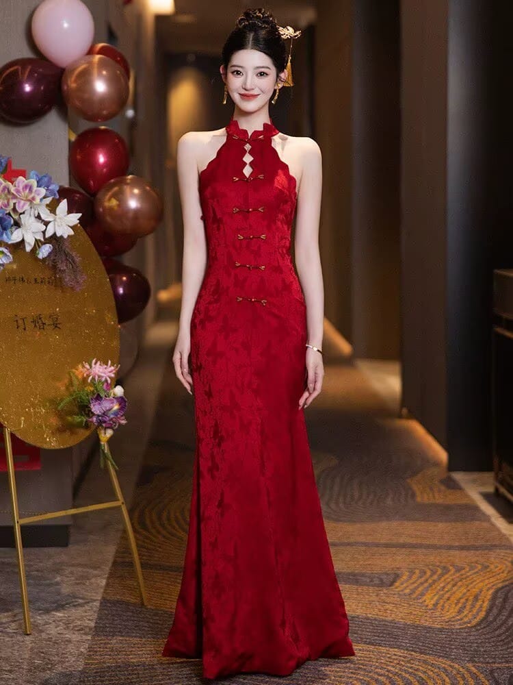Beth and Brian Qipao-DYS New Chinese style (新中式), floral pattern, halter red long Cheongsam