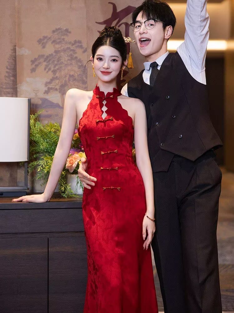 Beth and Brian Qipao-DYS New Chinese style (新中式), floral pattern, halter red long Cheongsam