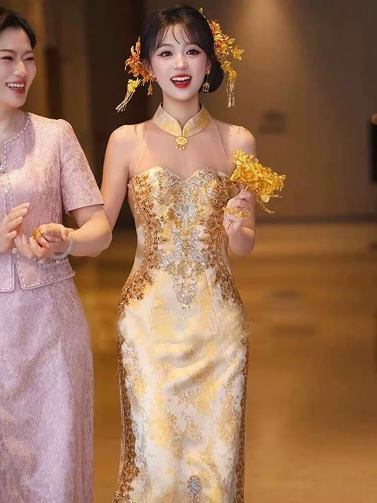 BethandBrianQipao-YNS Luxury Champagne Gold Tassel Wedding Qipao set