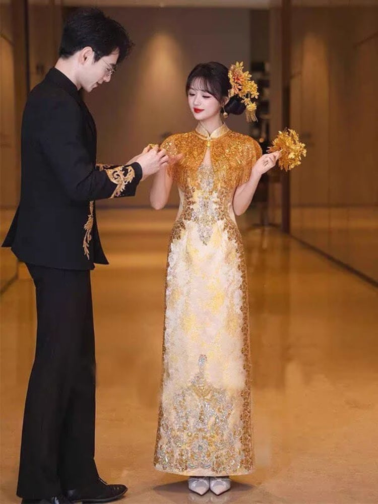 BethandBrianQipao-YNS Luxury Champagne Gold Tassel Wedding Qipao set