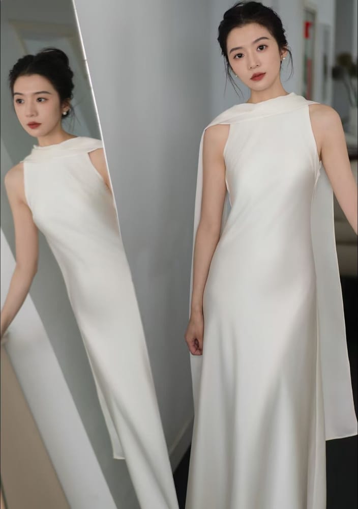 Beth and Brian Qipao-EC Bride Engagement Morning Robe, White Long Cheongsam