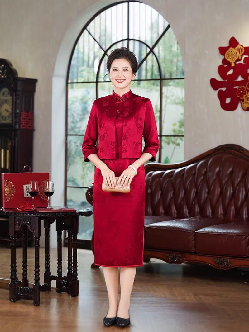 Beth and Brian Qipao-QZYF Floral pattern, acetate satin fabric, high-end midi Cheongsam set