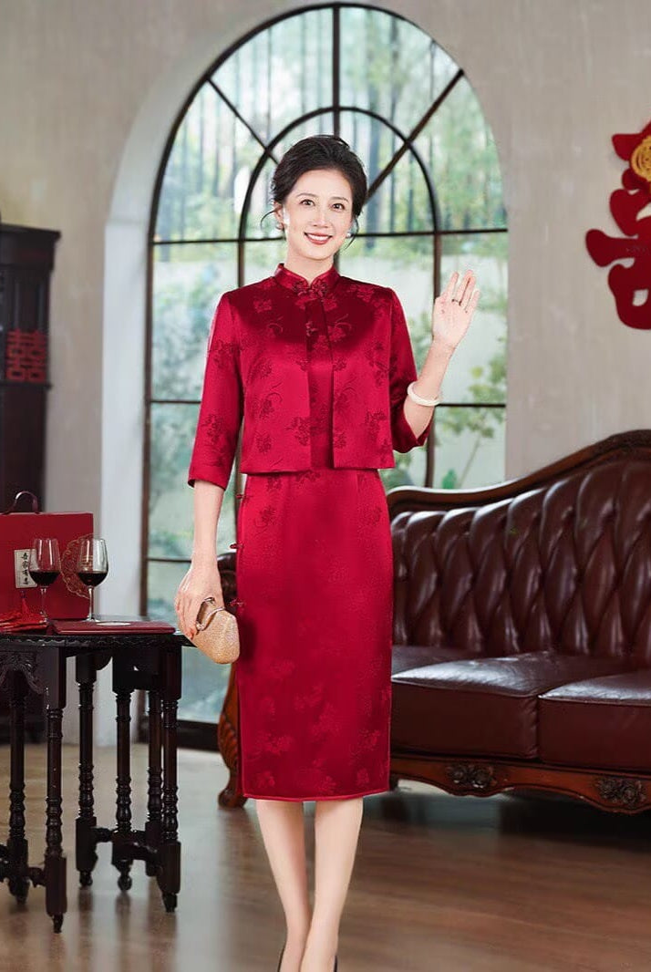 Beth and Brian Qipao-QZYF Floral pattern, acetate satin fabric, high-end midi Cheongsam set