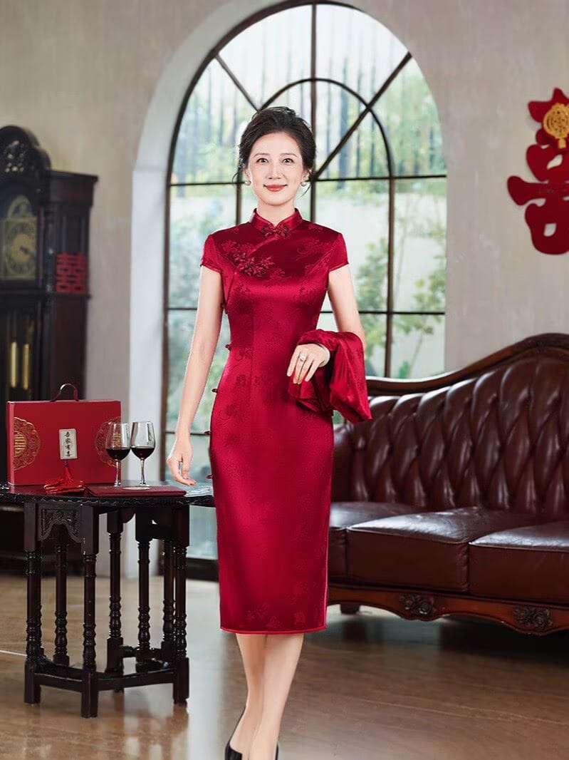 Beth and Brian Qipao-QZYF Floral pattern, acetate satin fabric, high-end midi Cheongsam set