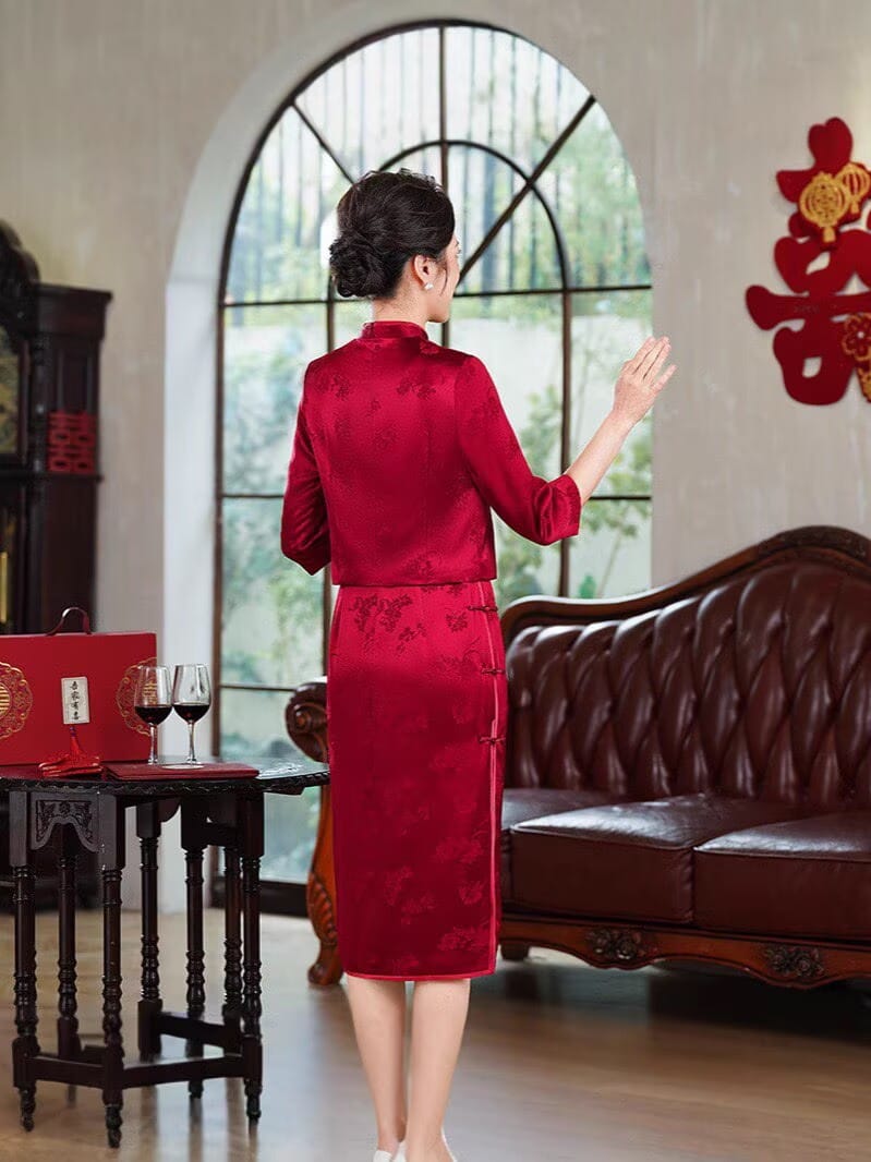 Beth and Brian Qipao-QZYF Floral pattern, acetate satin fabric, high-end midi Cheongsam set