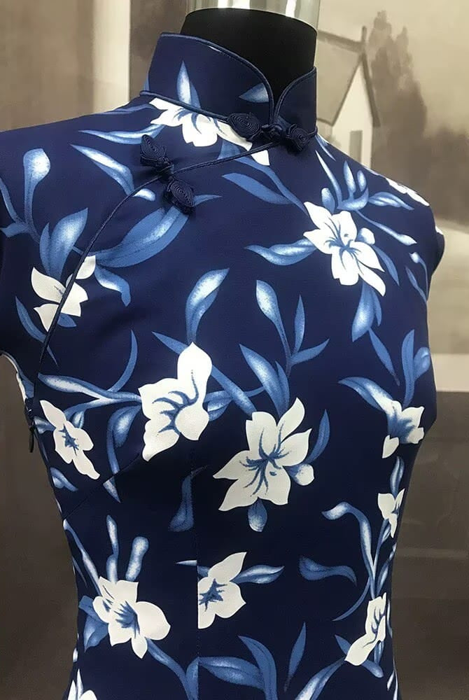 Beth and Brian Qipao - TZY Ms.Tang wei inspired floral pattern, artificial silk chiffon, long Cheongsam