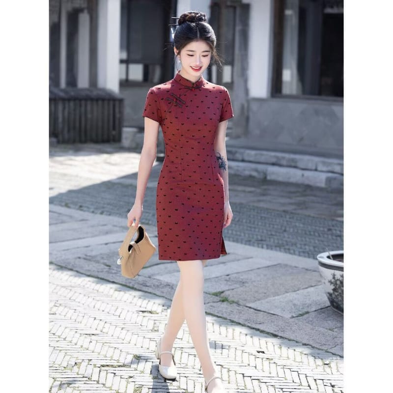 Beth and Brian Qipao-HLQ Summer collection, Bow Print Red Mini Cheongsam