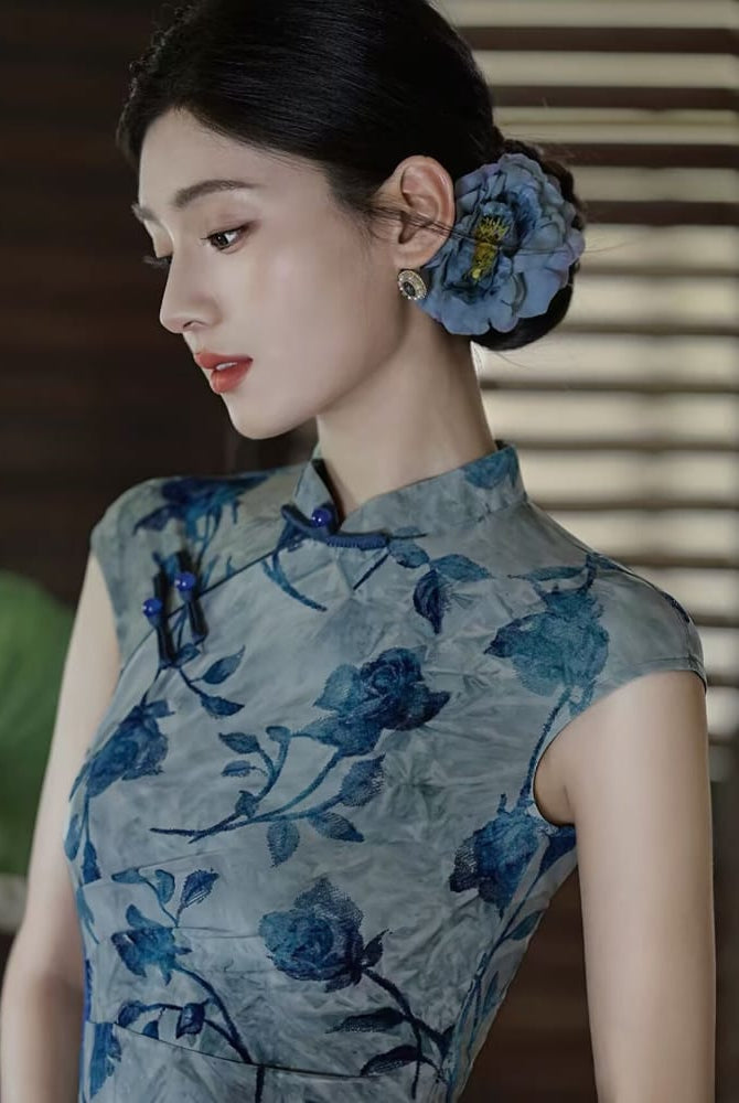 Beth and Brian Qipao-HLQ Flocking fabric, rose pattern long Cheongsam