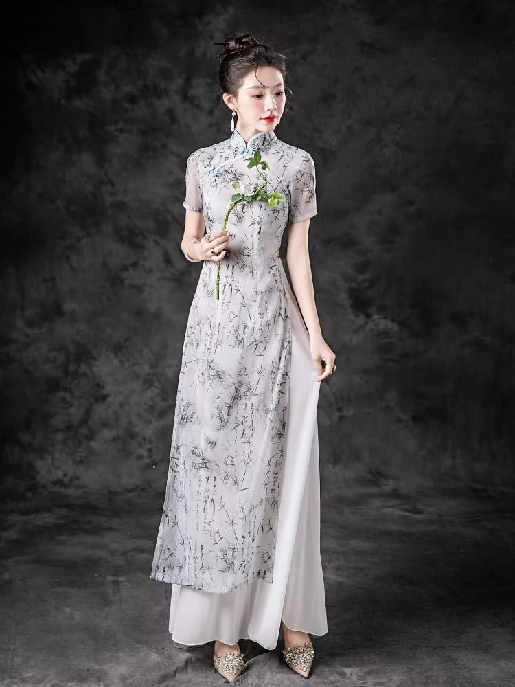 Beth and Brian Qipao-ZYX Light Gray, Bamboo Leaf Pattern Long Ao Dai For Runway Show