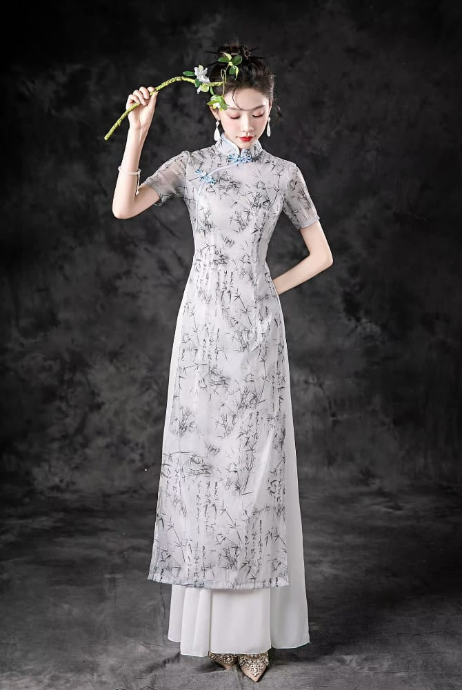 Beth and Brian Qipao-ZYX Light Gray, Bamboo Leaf Pattern Long Ao Dai For Runway Show