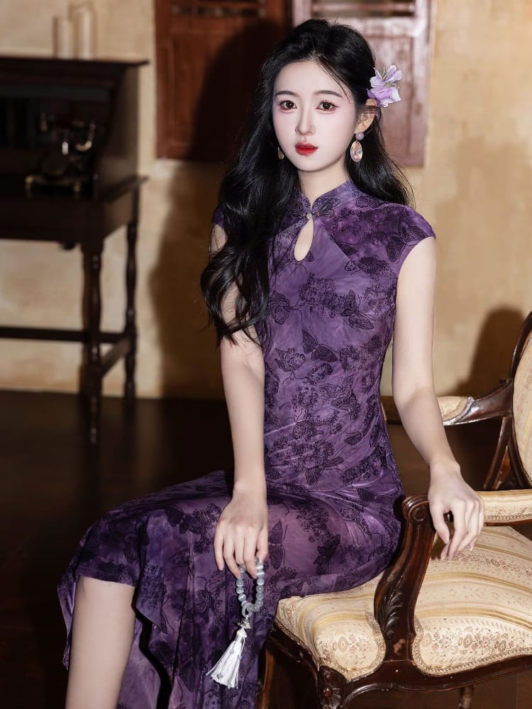 Beth and Brian Qipao-LSB Flocking fabric, water drop collar, butterfly midi Cheongsam