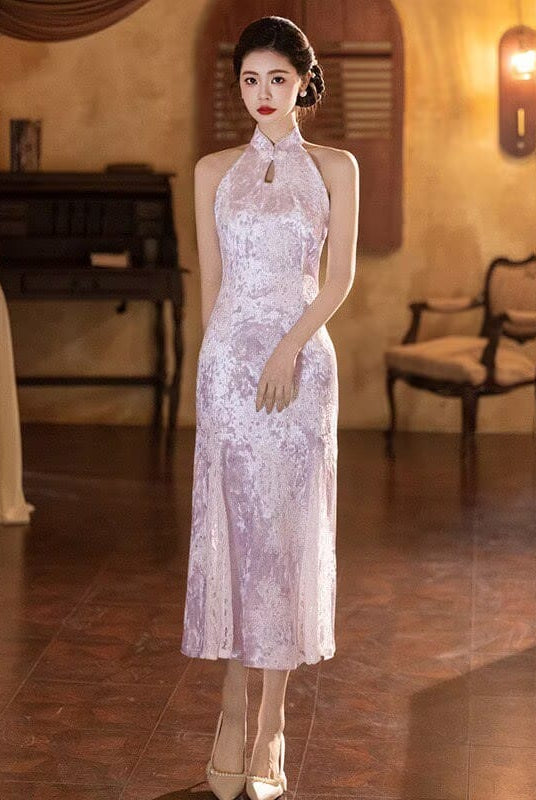 Beth and Brian Qipao-SMQ Spring collectionn, water drop collar, velvet midi Cheongsam