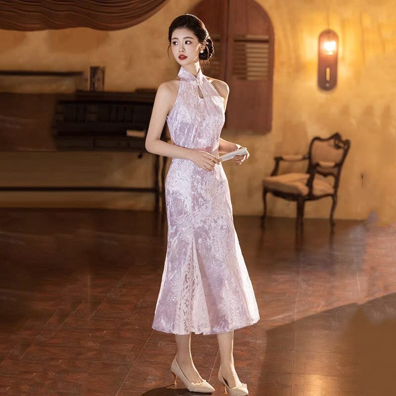 Beth and Brian Qipao-SMQ Spring collectionn, water drop collar, velvet midi Cheongsam