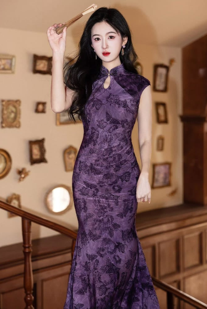 Beth and Brian Qipao-LSB Flocking fabric, water drop collar, butterfly midi Cheongsam