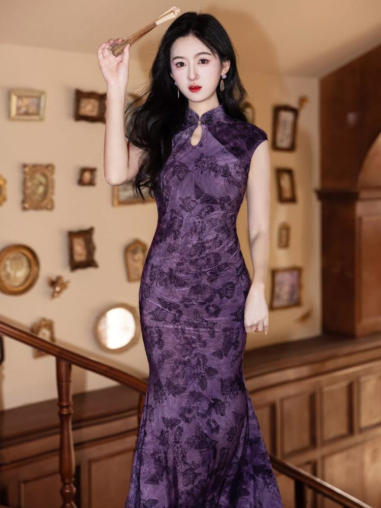 Beth and Brian Qipao-LSB Flocking fabric, water drop collar, butterfly midi Cheongsam