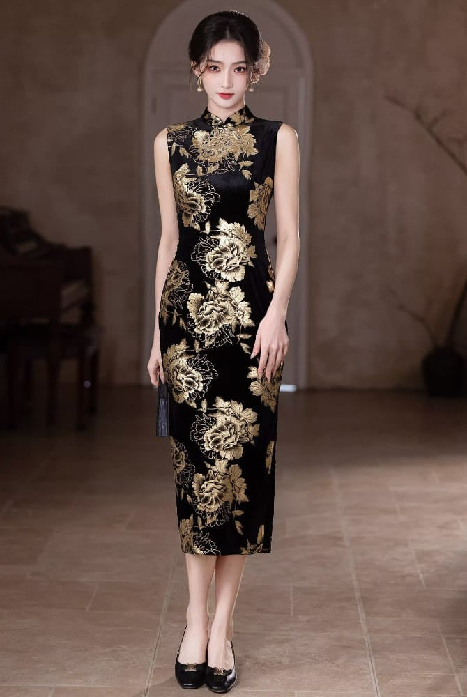 Beth and Brian Qipao-LSB Floral pattern, velvet black long Cheongsam
