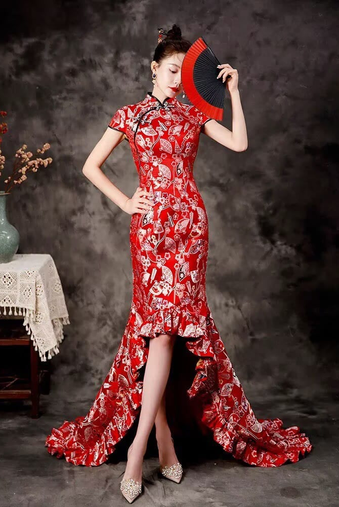 Beth and Brian Qipao-ZYX Luxury Mermaid Train Cheongsam, Fan Pattern Long Cheongsam