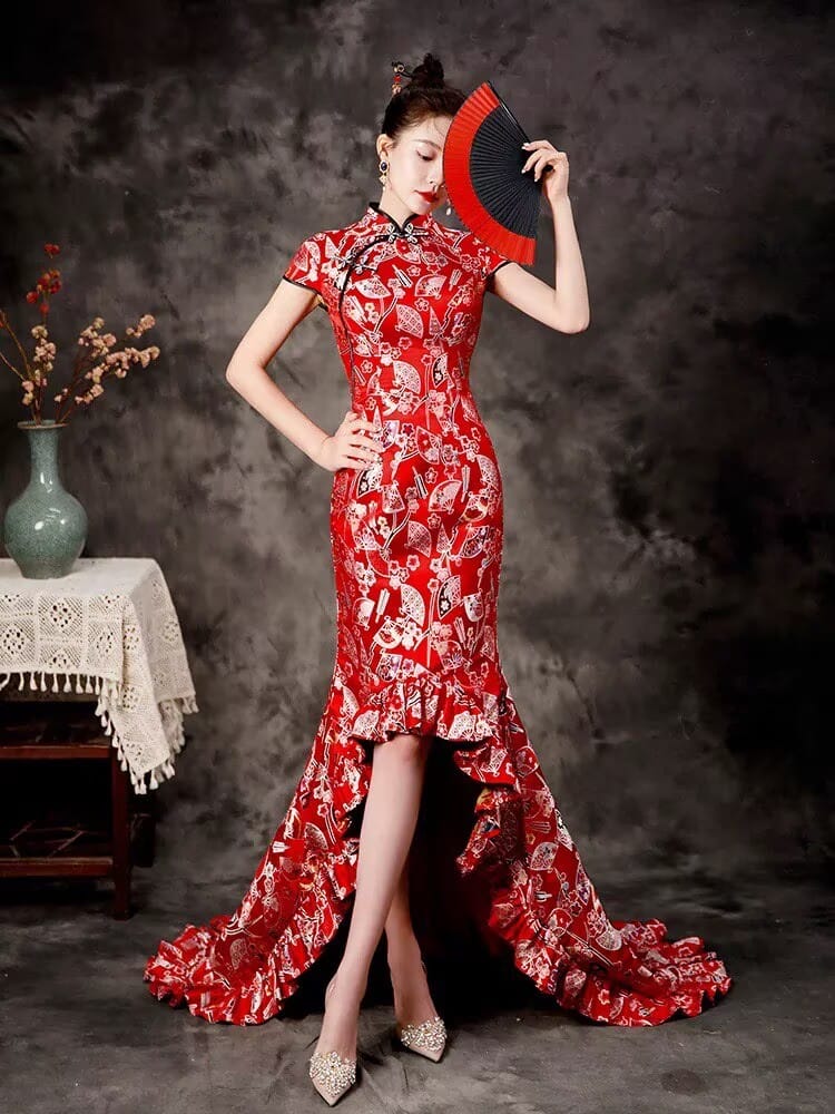 Beth and Brian Qipao-ZYX Luxury Mermaid Train Cheongsam, Fan Pattern Long Cheongsam