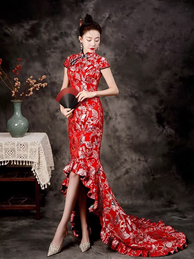 Beth and Brian Qipao-ZYX Luxury Mermaid Train Cheongsam, Fan Pattern Long Cheongsam